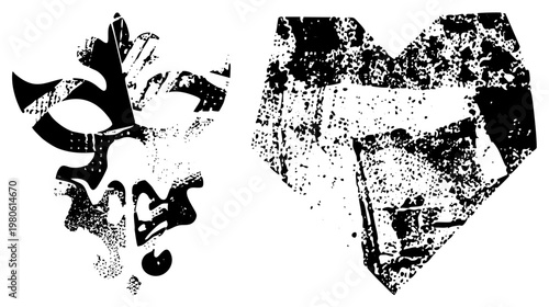 Distressed graphic heart and leaf shapes with speckled texture, stencil art style, vector cutouts, design, artistic fragments.