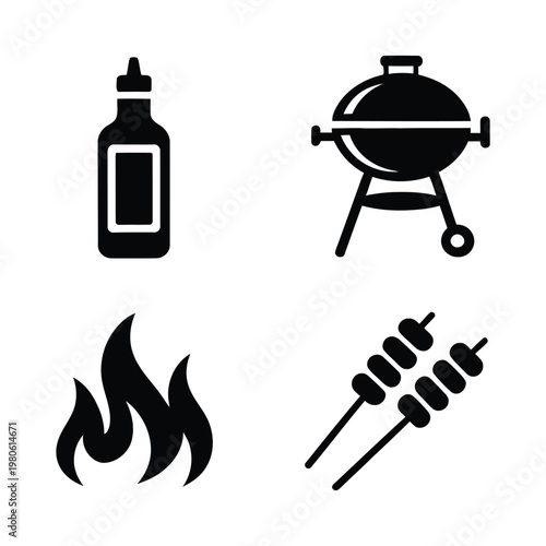 Charcoal grill icons, kettle barbecue, hot flame, sauce bottle, meat skewers, backyard party, summer barbecue, cooking silhouette collection set