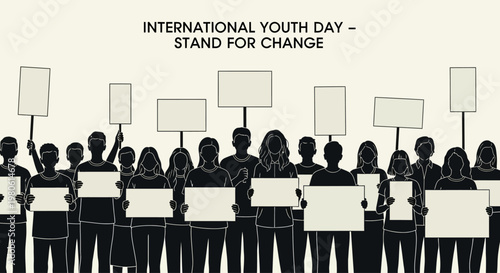 Group of diverse young people protesting with blank signs for International Youth Day.