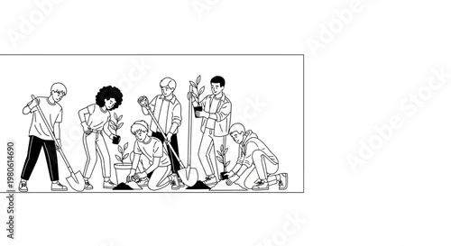 Diverse Group of Young People Volunteering Together to Plant Trees and Garden.