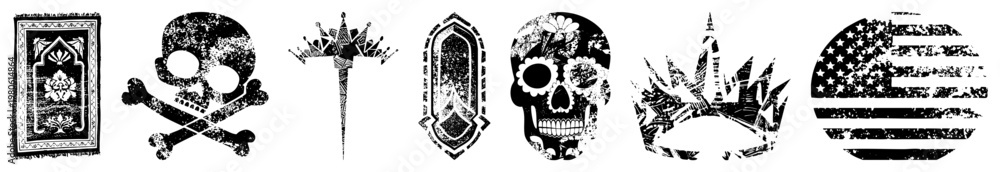 Obraz premium Distressed skull,, and crown with and geometric, black and white vector art, vintage tattoo or emblem style.