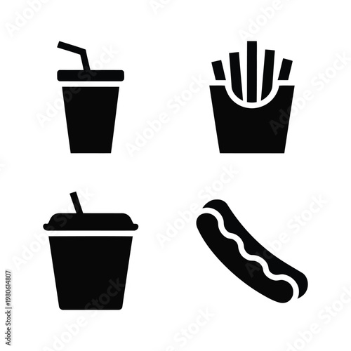 Street snack drink icons, soda cup fries and hot dog symbols, summer fair kiosk poster, fast food vector illustration