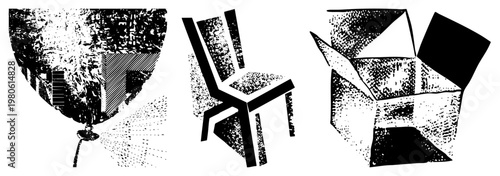 Black and white halftone vector illustration featuring abstract forms, geometric chair, open box, and spray nozzle with dot texture, isolated design elements.
