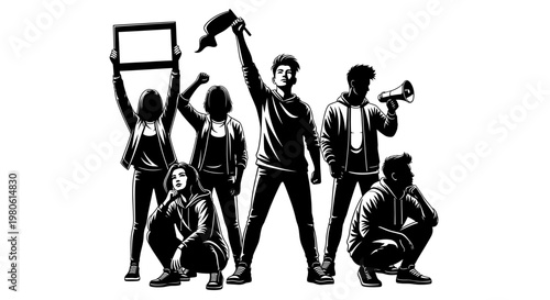 Group of diverse young people participating in a protest demonstration.