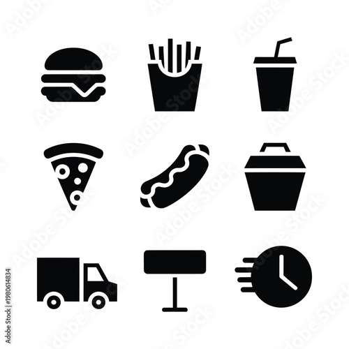 Late night food truck icons, burger fries drink pizza hot dog takeaway box vehicle billboard and clock, street festival vector