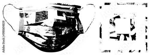 Graphic representation of protective face mask, surgical mask design, health safety gear, medical equipment illustration, halftone textured vector art.