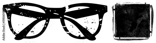 Retro eyewear with weathered black frame, speckled lenses, paired with gritty fingerprint square. Classic optical accessory, vintage eyeglass design, graphic.