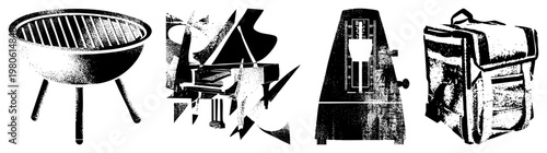 Black and white halftone vector illustrations of classic objects kettle grill, piano,, and rugged backpack. Isolated, stylized,, graphic design elements.