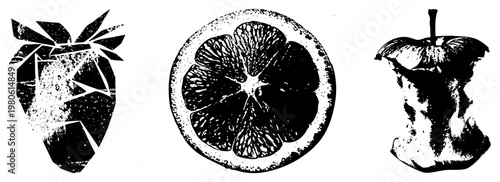 Black and white vector art of fruit strawberry, citrus section, core, stylized food graphics, textured design, digital illustration, food.