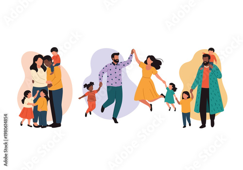 Diverse Happy Families Set with Parents and Children in Flat Vector Style