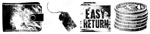 Wallet, price tag, “Easy Return” sign, pound coins gritty halftone. Alt purse, currency, return, pricing graphic.