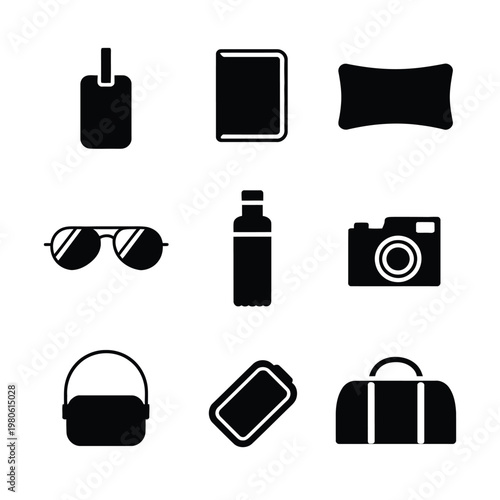 Travel essentials silhouettes set, luggage tag, phone tablet, neck pillow, camera, sunglasses, water bottle, handbag, suitcase, vacation trip vector icons