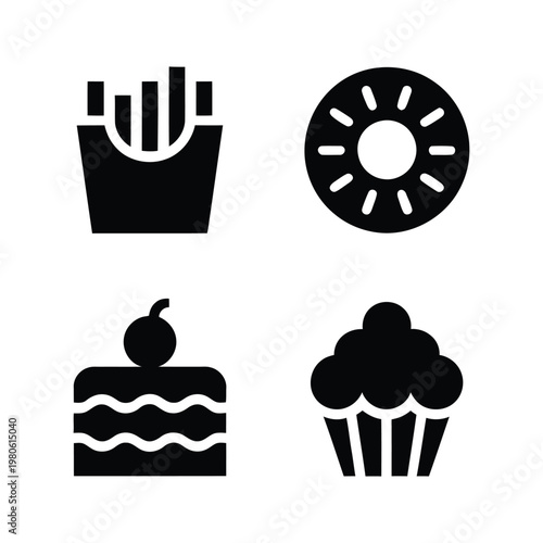 Cafe dessert silhouettes set, bakery festival elements, french fries box, donut ring, layered cake with cherry, sweet cupcake, vector illustration