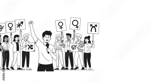 Diverse group of people protesting for gender equality and rights.
