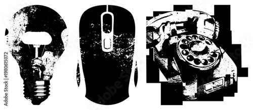 Retro tech symbols rendered in gritty halftone style lightbulb, computer mouse, rotary phone ideal for digital interfaces or print design with vintage flair.