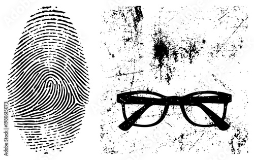 Black fingerprint and eyeglasses on gritty background, identity symbol, optical accessory, biometric marker, graphic, security element, vintage texture.