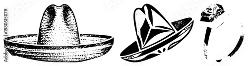 Mexican traditional hats rendered in black and white halftone, graphic vector designs, cultural headwear, festive attire, folk art style, isolated foreground elements.