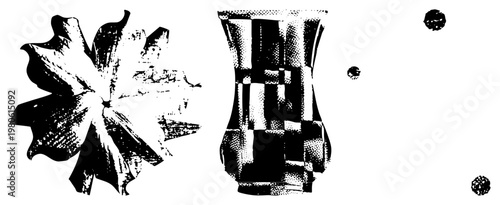 Black and white vector art with stylized starburst and vase forms, halftone texture, isolated graphic elements, artistic composition.