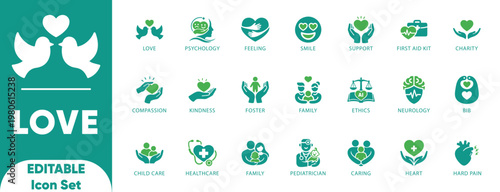 Love icon set. caring, charity, compassion, ethics, healthcare, kindness, neurology, love, and solid icons. 