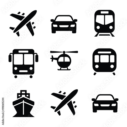 Travel transport icons, airplane takeoff, car, bus, ship, helicopter, journey routes, airport shuttle, tourism event, holiday trip, silhouette vector set