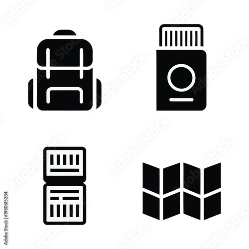 Backpacker gear icons, travel backpack, sunscreen bottle, memory card pair, folded map, adventure trip, hiking vacation, camping, silhouette vector set