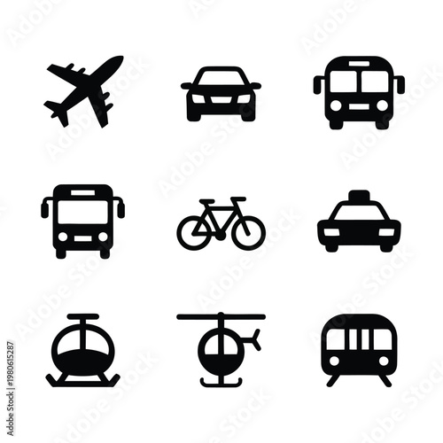 Transport modes silhouettes, airplane, car, taxi, bus, bicycle, helicopter, tram, subway, travel service, city commute, tourism design, vector icons
