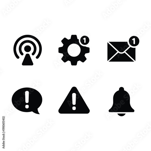 Notification and alert icons set, email bell warning, settings gear, broadcast signal, message badge, web dashboard elements, vector illustration