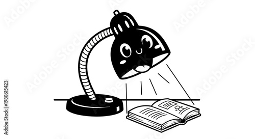 Cute Cartoon Desk Lamp Reading a Book Vector Illustration