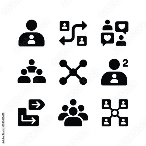 Social network icons collection, user profile, share nodes, follow arrow, community group, workflow connections, digital marketing interface, dashboard, vector elements