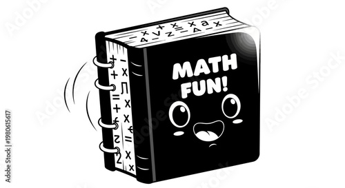 Cute Cartoon Math Book Character with Smiling Face and Mathematical Symbols