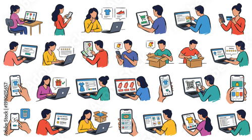 A vibrant collection of illustrations depicting various aspects of online shopping and e-commerce activities, showcasing digital transactions and customer interactions.