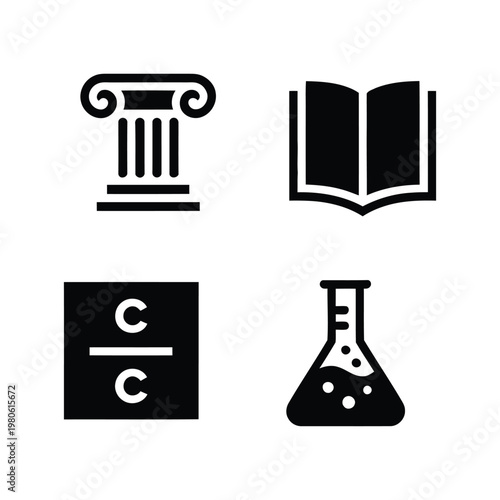 School subject icons set, classic column, open book, alphabet blocks, chemistry flask, curriculum poster graphics, academic department signage, silhouette vector