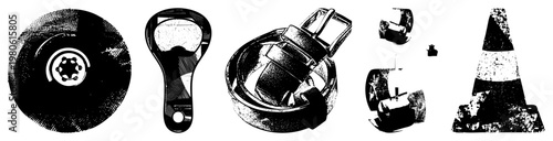 Gridded halftone graphic of traffic cone, bottle opener, belt buckle, and mechanical components, isolated vector art, design.