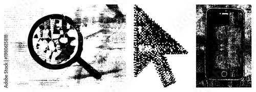 Magnifying glass inspecting texture, digital cursor pointing, smartphone device, halftone, vector graphic, tech interface, search tool, digital magnifier.