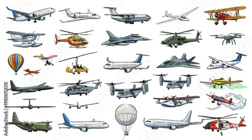 A comprehensive collection of diverse aircraft illustrations, showcasing various types of planes, helicopters, and balloons.