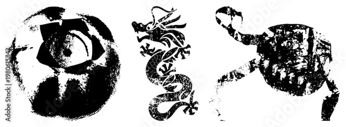 Traditional Chinese zodiac animals and yin yang symbol, stylized with distressed texture, black and white vector design, cultural, mystical creatures, ancient symbols.