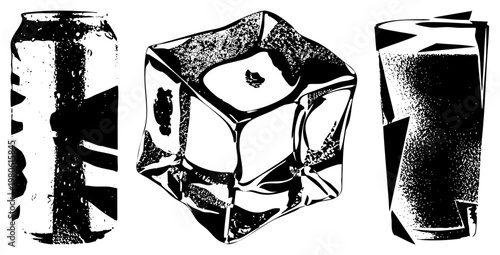 Stylized beverage set including soda can, ice cube, and drinking glass, halftone texture, isolated vector elements, drink accessories.