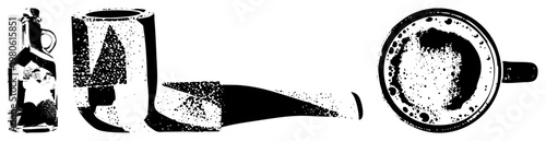 Classic coffee tools including glass bottle, Moka pot, and frothy cup, rendered in halftone dot, retro kitchen set, beverage preparation symbols.