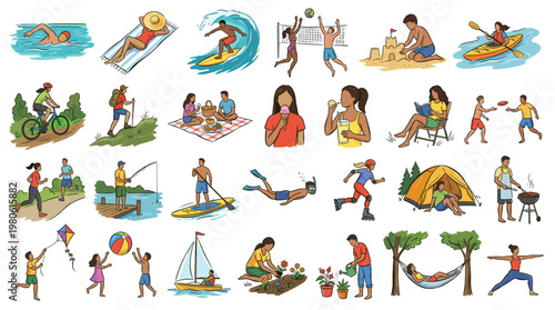 A vibrant collection of diverse outdoor summer activities and leisure pursuits, showcasing people enjoying various recreational pastimes.