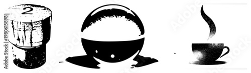 Coffee cup with, portafilter with number two, coffee grounds in halftone texture, minimalist vector art, beverage set, flat design with grain effect.