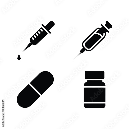 Vaccination and medicine icons, syringe injection symbol capsule pill and drug bottle, immunization campaign poster, healthcare clinic vector design