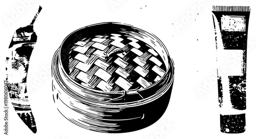 Bamboo basket with woven, chili pepper, tube container, vector illustration, halftone style, food preparation tools, Asian cuisine elements.