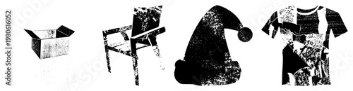 Distressed black silhouettes of everyday objects with grainy texture, isolated cutout vector designs, festive hat and apparel, stylized urban art elements.