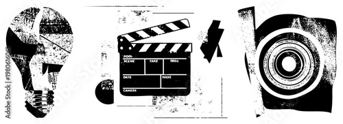 Film production symbols including lightbulb, clapperboard, camera lens, and lightning bolt, rendered in high contrast vector art with gritty texture, ideal for branding or concept design.