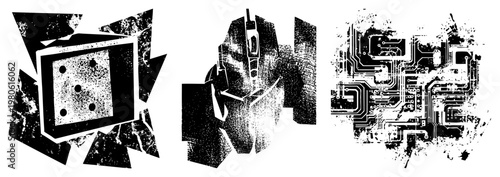 Digital circuitry, futuristic device, glitched tech, vector graphic, stylized electronics, tech abstract, digital art, halftone texture.