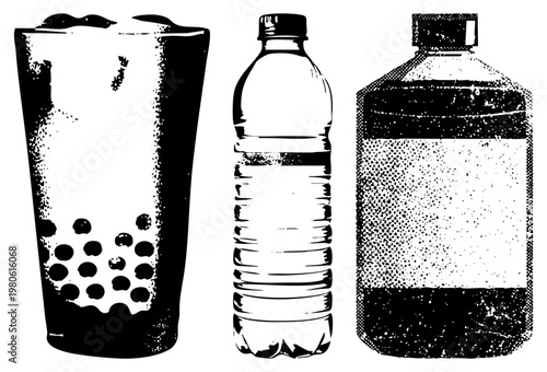 Vector halftone depiction of bubble tea drink, plastic water bottle, and large beverage jug, style, isolated objects, graphic design elements.