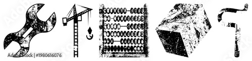 Set of mechanical symbols including wrench, crane, abacus, cube, and pipe, rendered in gritty black and white vector art, ideal for engineering or construction themes.
