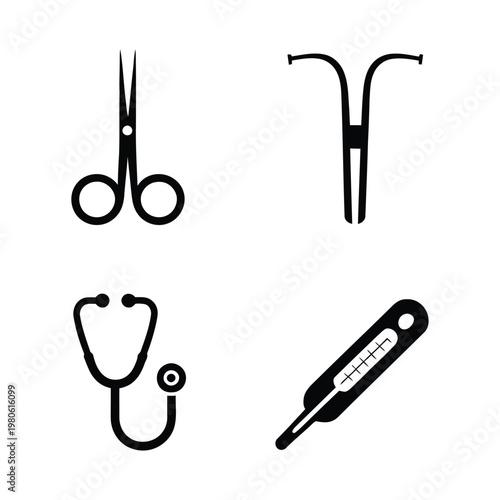 Gynecology and checkup icons, surgical scissors intrauterine device stethoscope and thermometer symbols, womens health clinic poster, medical vector design