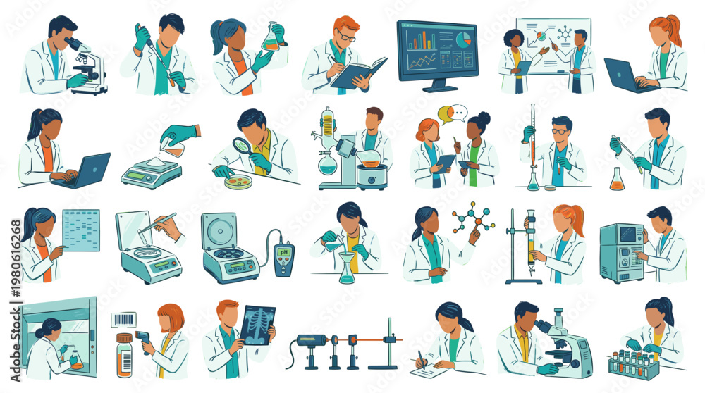 Fototapeta premium A comprehensive collection of illustrations depicting scientists and researchers engaged in various laboratory experiments and scientific research activities.