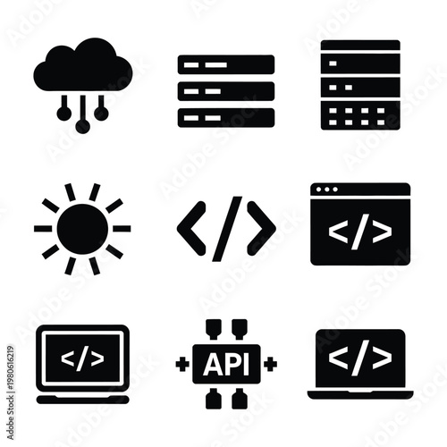 Cloud computing and coding icons set, server racks, api connection, browser window, sun cloud, developer meetup, technology workshop vector